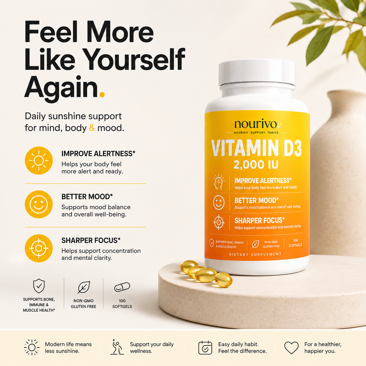 Nourivo Vitamin D3 2,000 IU | Daily Immune, Mood & Energy Support