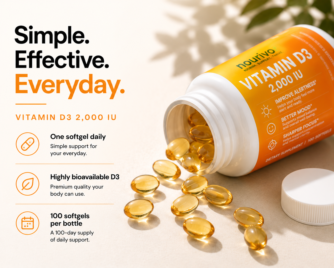 Nourivo Vitamin D3 2,000 IU | Daily Immune, Mood & Energy Support